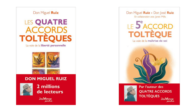Présentation des couvertures des deux livres contenant les enseignements des accords toltèques